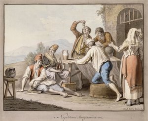 Neopolitanos comiendo macarrones; Napolitani Mangia maccaroni de Saviero Xavier della Gatta