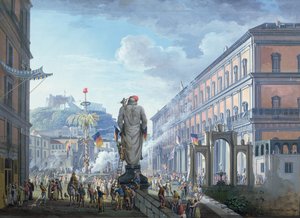 El Palazzo Reale, en el momento en que el Árbol de la Libertad fue derribado y las tropas en masa fueron dirigidas por los ingleses en 1799, 1800
