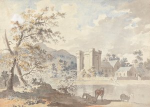 Castillo bajo las montañas con caballos junto a un río de Sawrey Gilpin