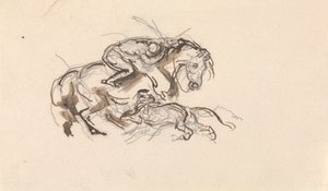 Caballo y jinete atacados por un león