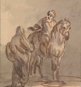Dos personas: Una de pie y otra sentada a caballo