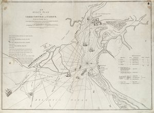 Un plano exacto de la barra y el puerto de Charles Town, a partir de una inspección real con el ataque de Fort Sullivan, el 28 de junio de 1776, por la escuadra de Su Majestad comandada por Sir Peter Parker. de Sayer & Bennett