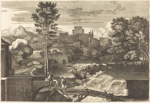 Paisaje con dos figuras en un puente de Sébastien Bourdon