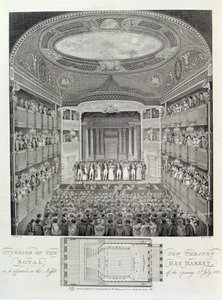 Interior del Nuevo Teatro Real, Haymarket, como Apareció en la Noche de su Apertura, 4 de Julio de 1821, grabado por James Stow de Schebbellie