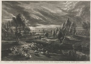 Paisaje con pastor tocando una flauta de Schelte Adams Bolswert
