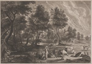 Paisaje de granja con cazadores y lecheras de Schelte Adams Bolswert, after Sir Peter Paul Rubens