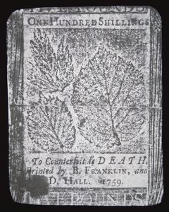 Billete de 100 chelines diseñado e impreso por Benjamin Franklin en 1759 de School American