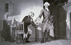 Traidor americano: el General Benedict Arnold instruyendo a Andre para esconder papeles en la parte superior de su bota