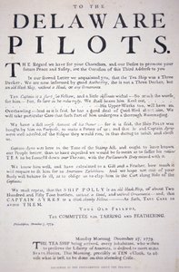 Facsímil de la proclamación de los patriotas de Filadelfia a los pilotos de Delaware advirtiéndoles que no traten con el barco de té británico, 7 de diciembre de 1773
