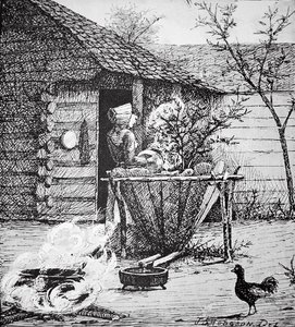Escena de granja - una mujer en una tina de lavado, después de una ilustración de J. S. Hodgson de School American
