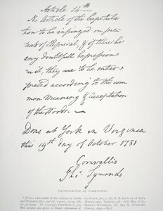 Carta de capitulación de Yorktown, firmada por Lord Cornwallis de School American
