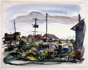 Lumber Camp (acuarela sobre papel blanco hueso) de School American
