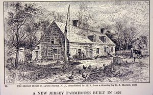 Casa de campo de Nueva Jersey construida en 1676, después de un dibujo de 1886 de E. J. Meeker de School American