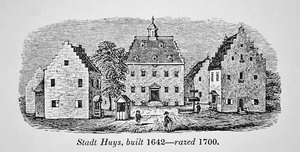 El Stadt Huys holandés, Nueva Ámsterdam (Nueva York), construido en 1642 y demolido en 1700 de School American