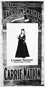 Póster teatral que representa a Carry Nation (1846-1911) sosteniendo su hacha destructiva de School American