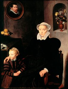 Retrato de la esposa del herrero y pintor de Amberes Quenston con su hijo. La madre vestida de negro, lleva un collar y un tocado. Pintura de la escuela de Amberes. 1576. París, Museo del Louvre de School Antwerp