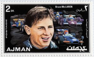 Sello de los Emiratos Árabes Unidos representando al piloto de autos neozelandés Bruce McLaren (1937-1970). de School Arabic