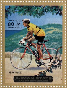 Sello de EAU representando al ciclista Julio Jimenez (n. 1934).