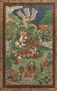 Corte de pelo y otras escenas. Thangka de una secuela dedicada a los principales episodios de la vida de Buda. de School Asian