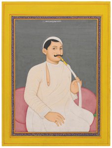 Retrato sentado de Ram Chandra Lahiri, Dewan de Cooch Bewar (1829 - 1842, c. 1840) (pigmentos opacos realzados con oro sobre papel) de School Bengali