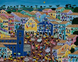 Pintura de arte ingenuo que representa un mercado, Estado de Bahía, Brasil