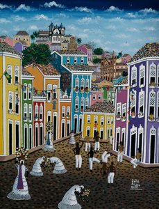 Pintura de arte naïf que representa escena callejera, Estado de Bahía, Brasil