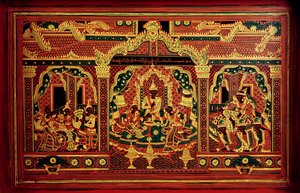 Detalle de un cofre manuscrito de Myanmar