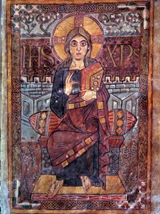 Arte carolingio: Cristo en majestad (en gloria). Miniatura del manuscrito Evangeliaire de Godescalc, Escuela del Palacio de Carlomagno (folio 3) copia de Godescalc del tesoro de Saint-Sernin de Toulouse, Biblioteca del Louvre, 781-783. BN, París