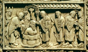 Detalle: el bautismo de Clodoveo I (466-511) en presencia de la Reina Clotilde el 25/12/498. Siglo IX. Amiens, Museo de Picardía de School Carolingian