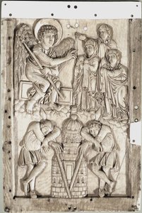 Arte carolingio: santas mujeres en el sepulcro - (Santas mujeres en el sepulcro) Relieve de marfil de School Carolingian