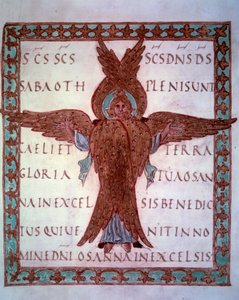 representación de un serafín en miniatura tomado del manuscrito carolingio “Sacramentaire de Drogon”, destinado a Drogon, hijo de Carlomagno. Siglo IX París, B.N.
