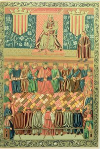 El rey Jaime I el Conquistador presidiendo las Cortes de Lérida en marzo de 1242, extraído de un manuscrito de las "Constitucions de Catalunya".