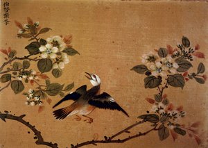 Arte chino: pájaro y flores. Pintura en seda del siglo XVI de School Chinese