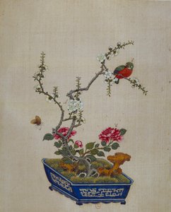 Arte chino: flores y pájaros (bonsái). Pintura en seda del siglo XVIII. París, B.N.