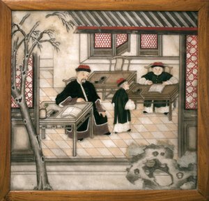 Placa de mármol decorativa que representa letras en su gabinete. Mármol pintado, Dinastía Qing (1644-1911), arte chino. Museo d