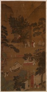 Elegante reunión en el jardín occidental, c.1600 (tinta y color sobre seda)
