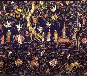 Tapices bordados de la cama estatal en Calke Abbey, principios del siglo XVIII (detalle) de School Chinese