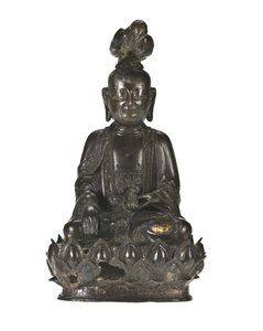 Figura de Guanyin, la diosa china de la misericordia sentada en una base de diseño de loto con un cuervo posado en su cabeza y un conejo descansando en su mano izquierda de School Chinese