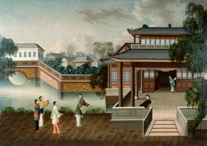 Figures Approaching a Riverside Mansion, c.1800 (óleo sobre lienzo) de School Chinese