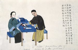 O 11539 fol.89v Tomando el pulso, de un álbum de escenas de la vida en China (acuarela sobre papel) de School Chinese