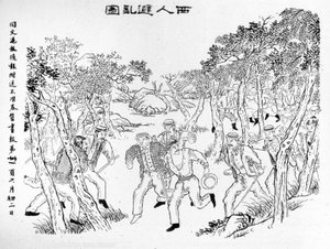 Revuelta de los Bóxers: Los europeos huyendo frente a los Bóxers. Ilustración publicada en el Journal de Shanghai Toung-Ouen-Hou-Pao. Alrededor de 1899 de School Chinese