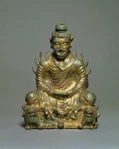 Buda sentado con hombros flamígeros, Período de las Seis Dinastías Chinas, dinastía Wei del Norte, siglo III-V (bronce dorado) de School Chinese