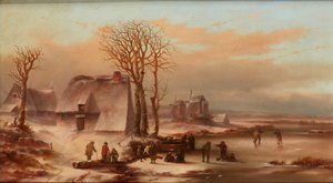 Un paisaje invernal con figuras en un lago congelado de School Dutch