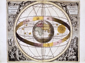 Sistema del universo ptolemaico, geocéntrico, centrado en la Tierra, que muestra la posición del Sol, la Luna y los planetas, de "Harmonia Macrocosmica" de Andreas Cellarius, Amsterdam. de School Dutch