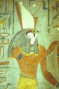 Antiguo Egipto, Pintura, Horus, Dios con cabeza de halcón, Dios de los reyes, Tumba de Ramsés I, Tebas de School Egyptian