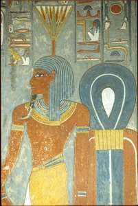 Antiguo Egipto, Pintura, Tumba de Horemheb, Tebas XVIII dinastía, Dios Nefertum y Nudo de Isis, Nefertum o Nefertem con tocado de nenúfar o loto (foto) de School Egyptian