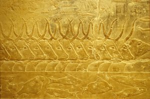 Antiguo Egipto, Pintura mural, Mastaba/Tumba de Idout, Saqqara, 2323-2150 a.C., Ganado a orillas de un río (foto) de School Egyptian