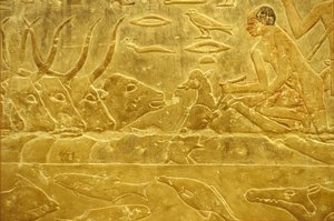 Antiguo Egipto, Grabado mural/pintura, Mastaba/Tumba de Idout, Saqqara, Dinastía VI, Ganado vadeando un río, Hombre ayudando a un ternero a cruzar un río, Madre mirando (foto) de School Egyptian