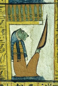 Antiguo Egipto, Pintura mural, Dios del inframundo con cabeza de león, Tumba de Sennedjem, Tebas, Deir el Medina