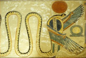 Antiguo Egipto, Pintura mural, Tumba de Amón hir Khopshef, Uraeus y serpientes aladas custodian la entrada de la cámara funeraria, dinastía XX, Valle de las Reinas (foto) de School Egyptian